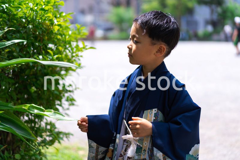 着物を着て外を歩く男の子