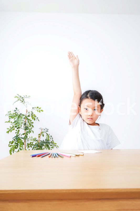 小学生の女の子が手を上げて発表をする