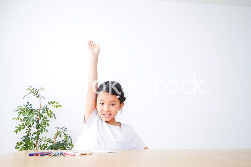 小学生の女の子が手を上げて発表をする