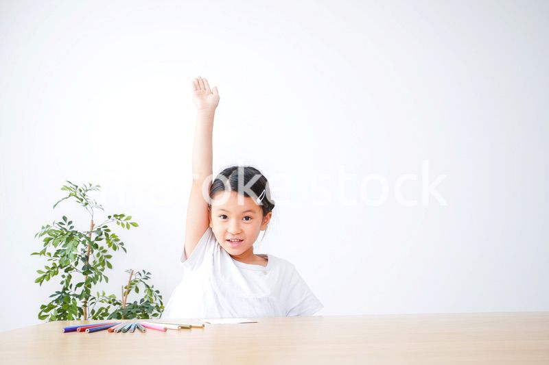 小学生の女の子が手を上げて発表をする