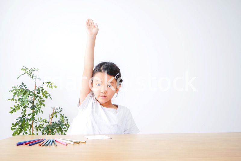 小学生の女の子が手を上げて発表をする