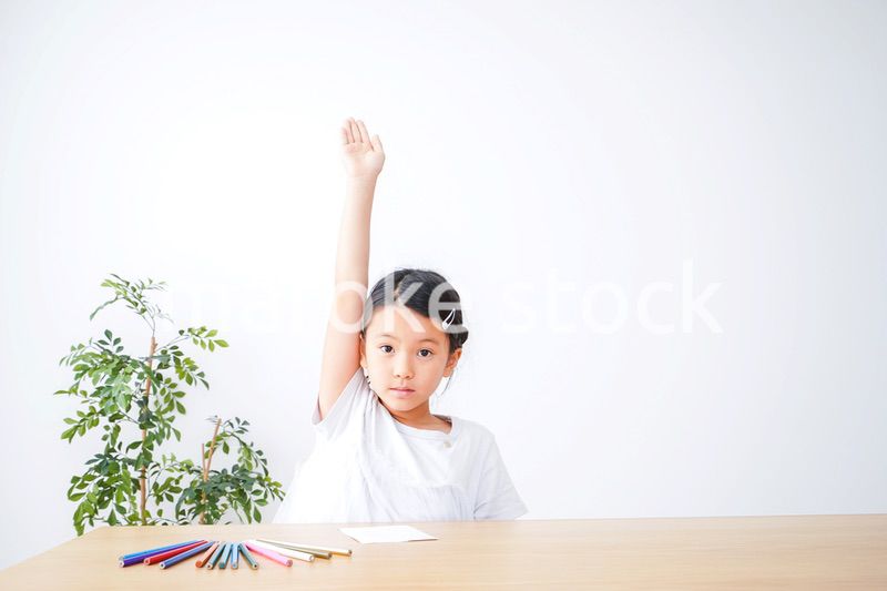 小学生の女の子が手を上げて発表をする