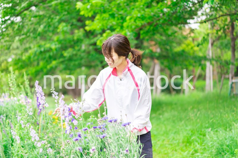 庭で花の世話をする若い女性