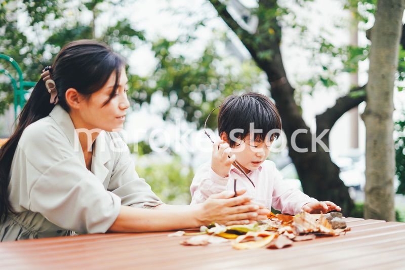 葉っぱで遊ぶお母さんと息子