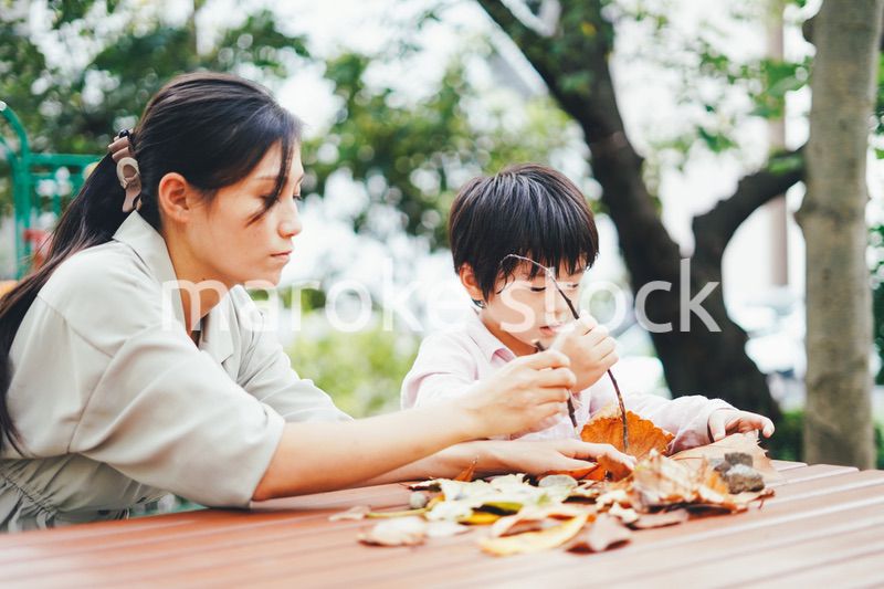 葉っぱで遊ぶお母さんと息子