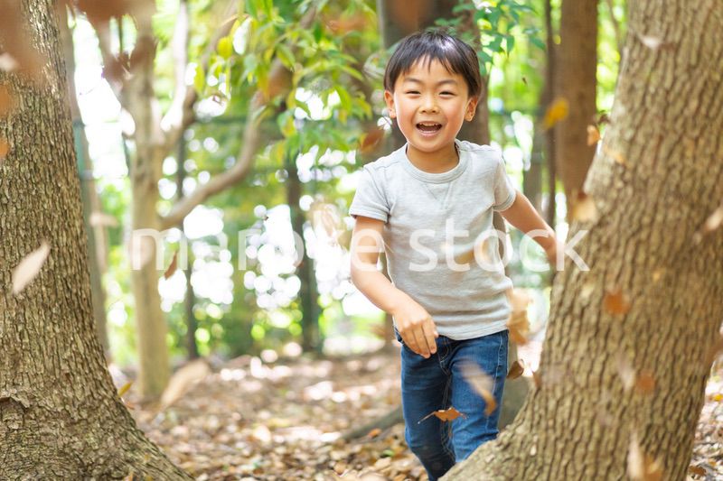 山で遊ぶ小さな男の子
