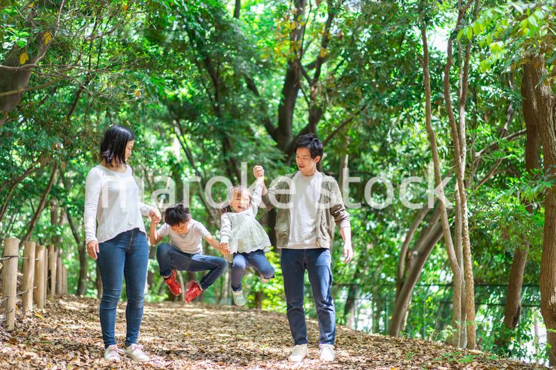 山でハイキングをするファミリー