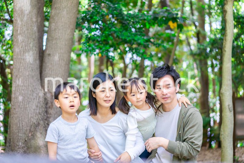 森で自然観察をするファミリー