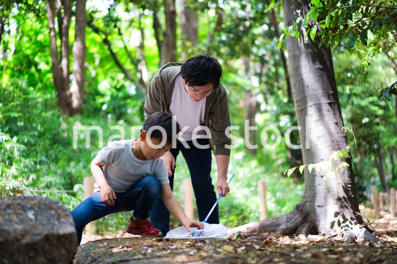 虫取りをする親子