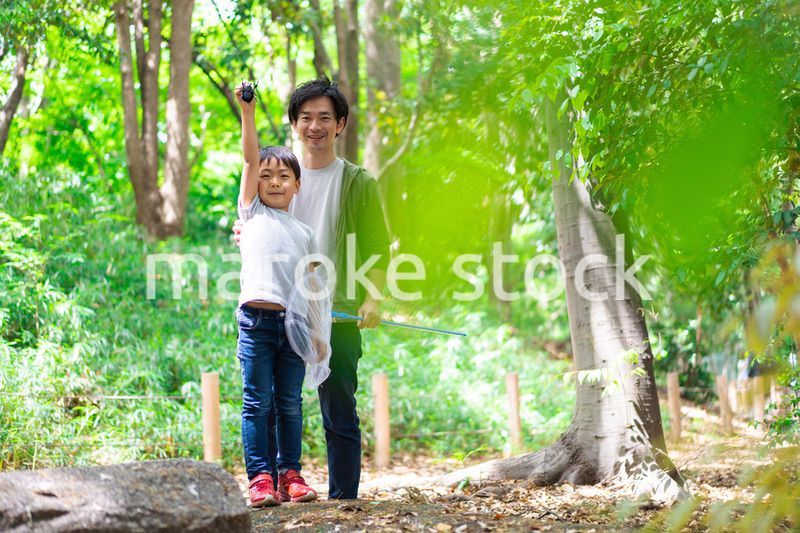 虫取りをするお父さんと男の子