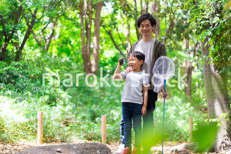 虫取りをするお父さんと男の子