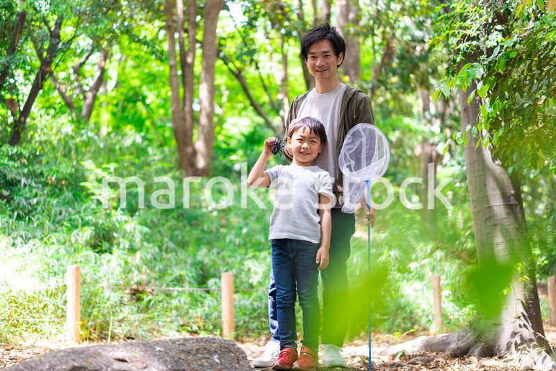 虫取りをするお父さんと男の子