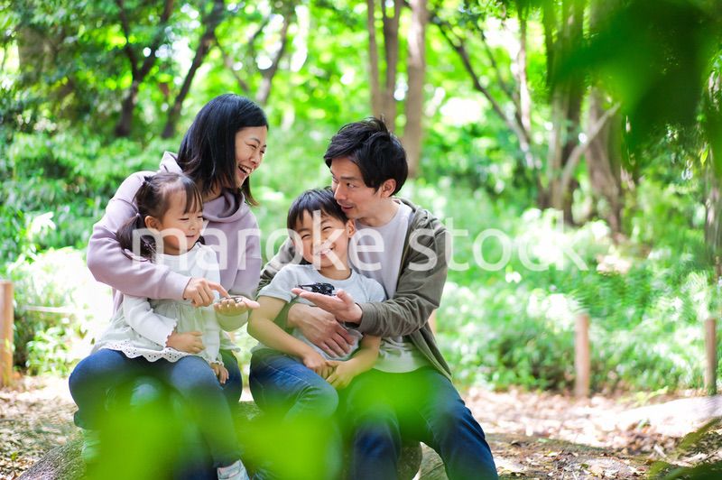 虫を観察する仲のいいファミリー