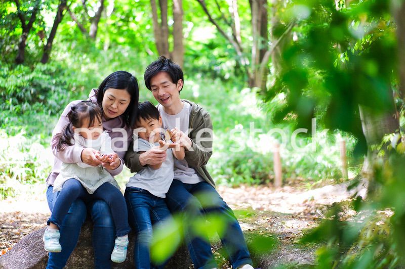 虫を観察する仲のいいファミリー