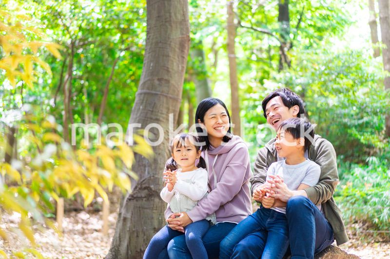 山でハイキングを楽しむ幸せな家族