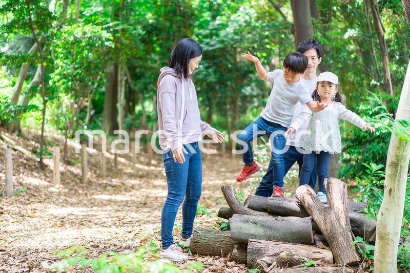 山でハイキングをするファミリー