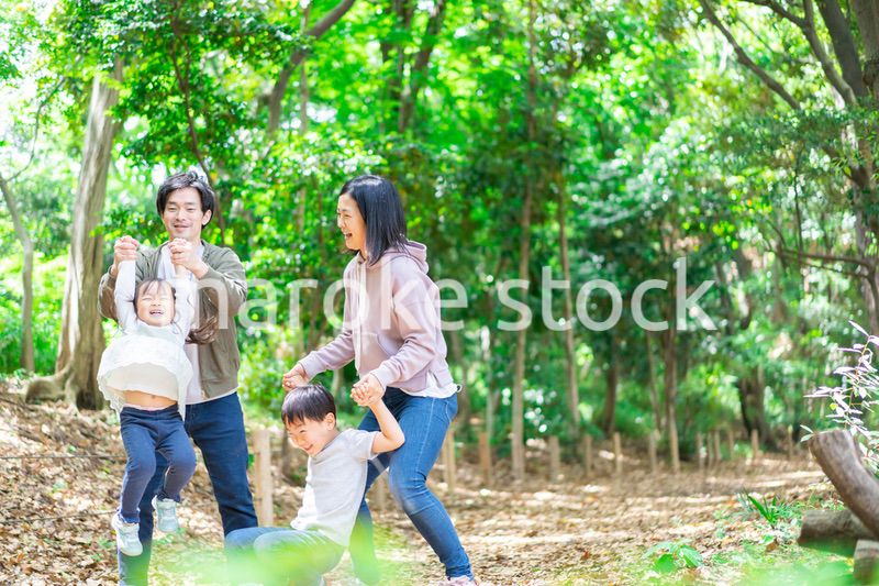 山でハイキングをするファミリー